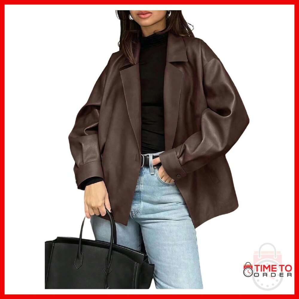 Faux Leather Oversized Blazer Lapel Collar Business Work Jacket